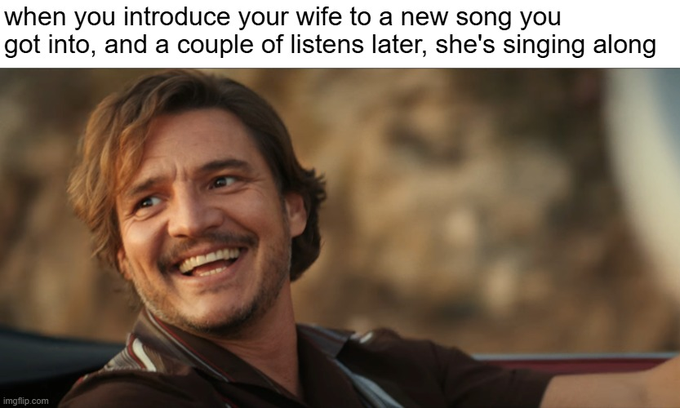 A man with wavy brown hair smiles broadly while looking off to the side, with text above reading "when you introduce your wife to a new song you got into, and a couple of listens later, she's singing along."

The image of joyful, unguarded happiness relates to the post's message about not losing sight of simple, authentic pleasures—like sharing music with a loved one—amid the noise of metrics and online validation, reminding viewers to keep their hearts light.