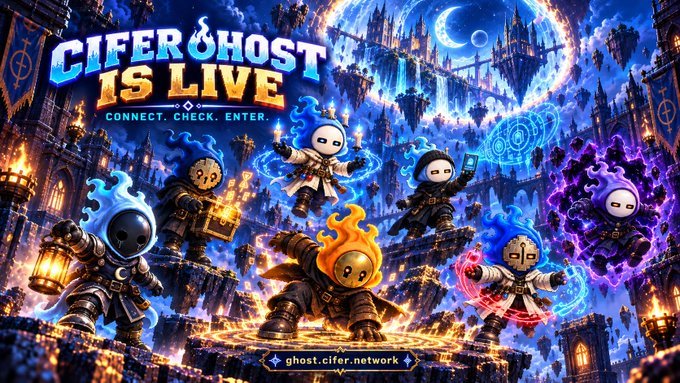 A fantasy-themed promotional banner reads "CIFER GHOST IS LIVE — CONNECT. CHECK. ENTER." and "ghost.cifer.network," featuring whimsical hooded ghost characters surrounded by glowing blue and purple magical runes against a dark gothic castle backdrop, visually representing the launch of the Cifer Ghost platform's quantum-resistant privacy and encryption tools.