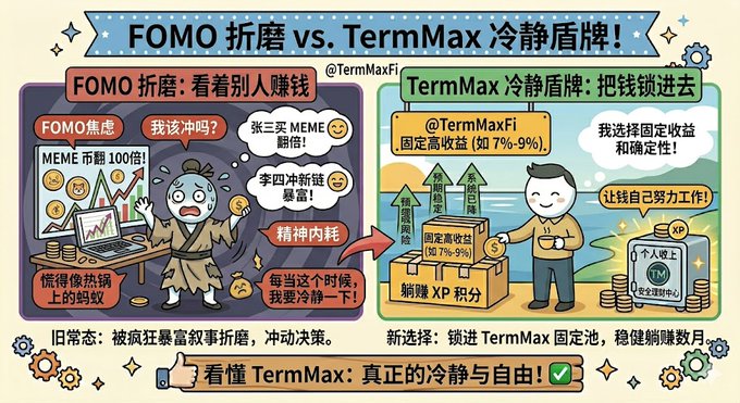 The image features a cartoon illustration of two people, one dressed as a man with a robe and another person wearing a hat. The man in the robe appears to be holding a box labeled "TermMax", while the other person has a box labeled "FOMO". The scene is set against a backdrop of a river and mountains, creating an interesting contrast between the two boxes. The image also includes text that translates to "TermMax vs FOMO" in both Chinese and English, emphasizing the theme of comparison between these two concepts.