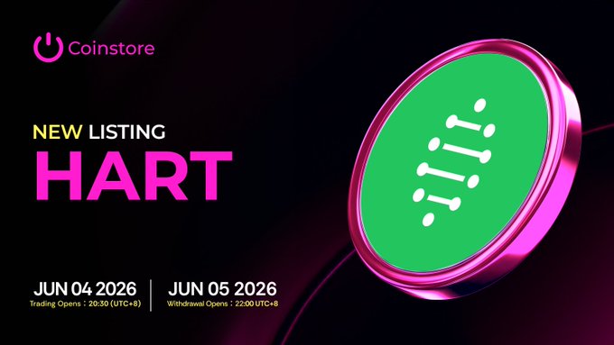 The main focus of this image is a poster advertising a new listing for the cryptocurrency, HART, which has been introduced by a new listing site called Coinstore. The poster includes information about the website, its operating hours (from 6-20), and details on how to deposit or withdraw from the platform. There are also two dates featured in the post: "June 04, 2016" for potential depositing of HART and "June 05, 2016" for a potential listing event. The poster provides an image of a round green coin with white lines on it, signifying that it is a cryptocurrency called HART or another similar name.