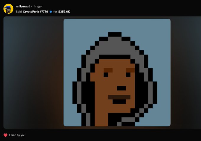 A screenshot shows a CryptoPunk NFT listing by “nifty naut,” sold for “$353.6K,” with a pixel-art character wearing headphones and a smiling face.