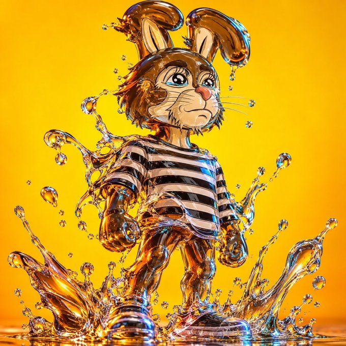 A stylized 3D digital artwork of an anthropomorphic rabbit character in a striped shirt, surrounded by dynamic amber liquid splashes against a bright yellow background.
