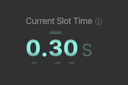 The image displays a "Current Slot Time" of 0.30s, highlighting Solana's rapid block production speed, which the post references in complaining that the network is "too fast now" and questioning the lack of a governance proposal to reduce block times.