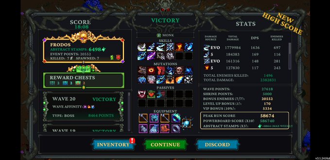 A "VICTORY" screen displays a player's stats after completing Wave 20 with a score of 18,065, featuring a Monk class using a Skeleton build with Chain Lightning and the new EVO 1 skill, which dealt a massive 258,891 damage to 1,496 enemies. The interface shows abstract stamps of 6,498, a peak run score of 58,674, and a "NEW HIGH SCORE" banner in the top right corner.