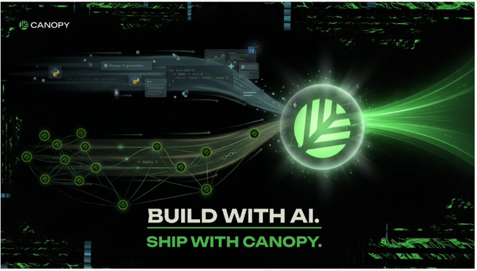 A tech advertisement for Canopy featuring the slogan 'BUILD WITH AI. SHIP WITH CANOPY.' with a glowing green leaf logo and abstract AI/data visualization elements.