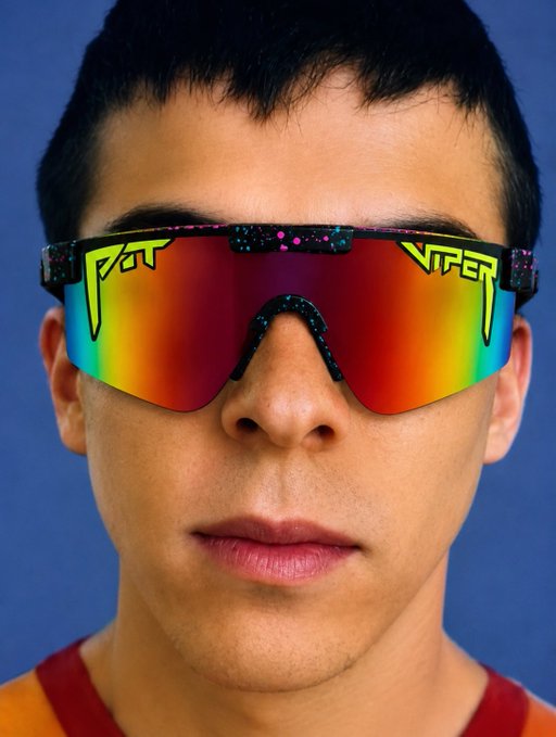 The image features a young man wearing a pair of red-colored sunglasses with a black frame. The sunglasses are positioned over his eyes, covering them completely. He appears to be posing for a photo or participating in an online giveaway.