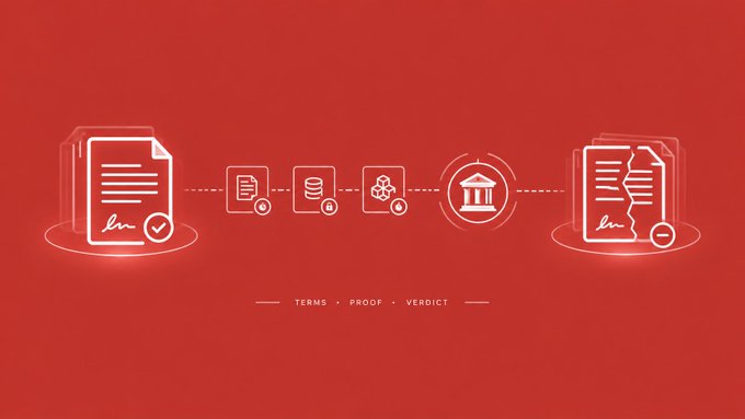 A red graphic displays icons representing documents, terms, proof, and verdict, with the text 'TERMS · PROOF · VERDICT' at the bottom.