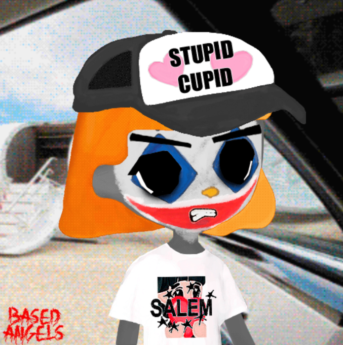 An animated character with orange hair wearing a 'STUPID CUPID' cap and a 'SALEM' t-shirt, with 'BASED ANGELS' text in the corner.