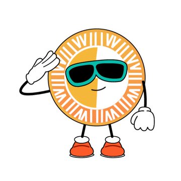 A cartoon mascot of a sun wearing teal sunglasses and red sneakers, waving with one hand and holding a pointer with the other.