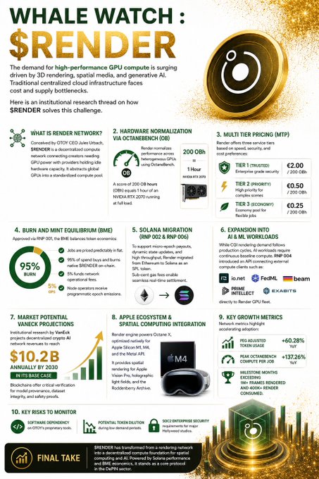 The image is an infographic titled "WHALE WATCH: $RENDER" that outlines an institutional research analysis of the Render Network, detailing its GPU compute solutions, key metrics including potential $10.2B market by 2030 and 60.28% PEG adjusted token share YoY growth, and how $RENDER addresses bottlenecks in 3D rendering, spatial media, and generative AI workloads.