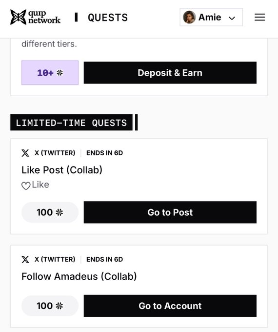 A screenshot of the Quip Network website shows a 'QUESTS' page featuring limited-time Twitter quests like 'Like Post (Collab)' and 'Follow Amadeus (Collab)', each offering 100 points.