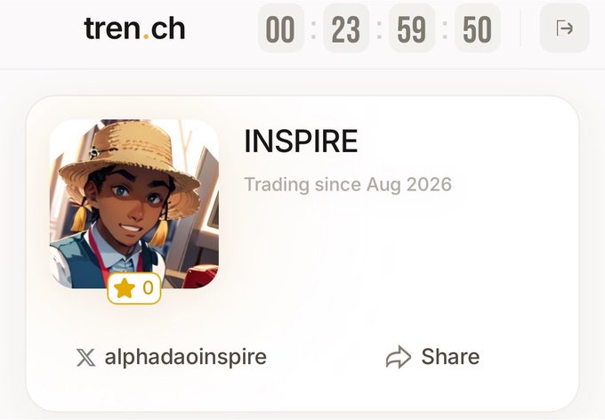 A mobile app profile for 'INSPIRE' on tren.ch showing a star rating of 0, trading since Aug 2026, with a countdown timer of 23 hours, 59 minutes, and 50 seconds at the top.