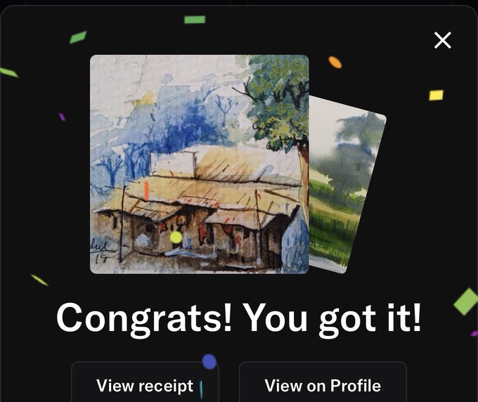 A digital receipt or notification screen displaying 'Congrats! You got it!' with watercolor paintings of rural houses, and buttons for 'View receipt' and 'View on Profile' with confetti effects.