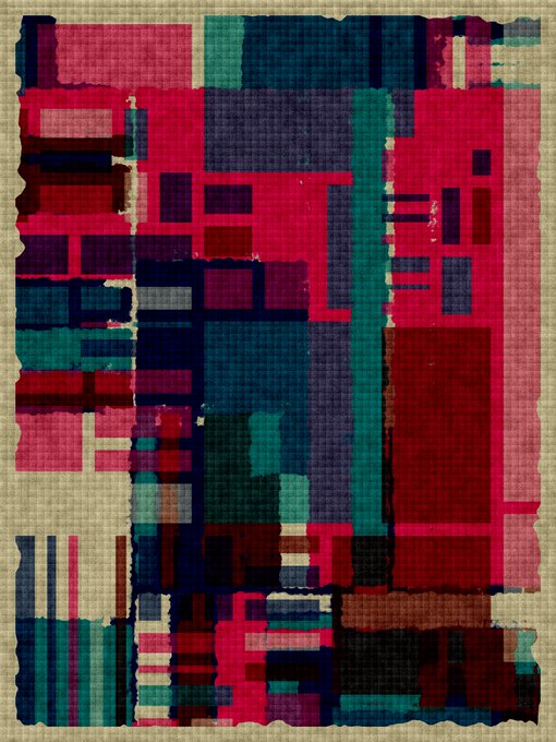 An abstract digital artwork composed of overlapping, textured rectangular blocks in shades of pink, red, teal, and dark blue.