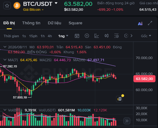 A Binance trading chart displaying the BTC/USDT price at $63,582.00, showing a daily candlestick chart with moving averages and a 24-hour change of -1.09%.