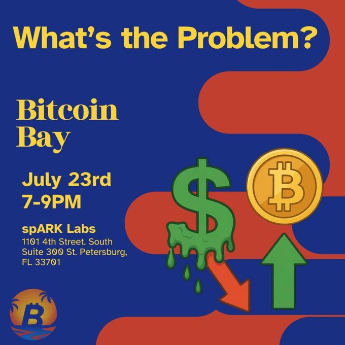 An event flyer titled 'What's the Problem? Bitcoin Bay' scheduled for July 23rd 7-9PM at spARK Labs, 1101 4th Street South, Suite 306, St. Petersburg, FL 33701, featuring dollar and bitcoin graphics with up and down arrows.