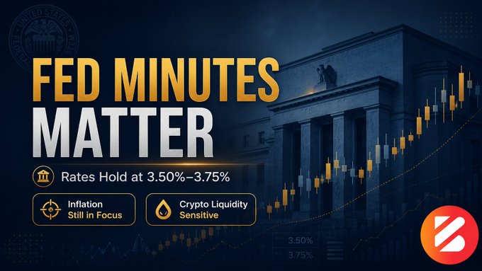A graphic titled 'FED MINUTES MATTER' showing the Federal Reserve building with text noting 'Rates Hold at 3.50%–3.75%', 'Inflation Still in Focus', and 'Crypto Liquidity Sensitive' alongside a candlestick chart.