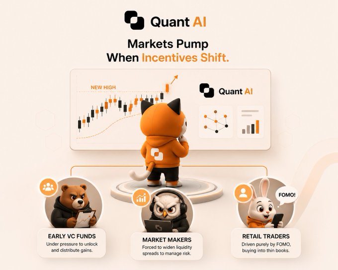 A promotional graphic for 'Quant AI' with the tagline 'Markets Pump When Incentives Shift,' featuring a cartoon cat looking at stock charts and three character cards labeled 'EARLY VC FUNDS,' 'MARKET MAKERS,' and 'RETAIL TRADERS' (with FOMO!).