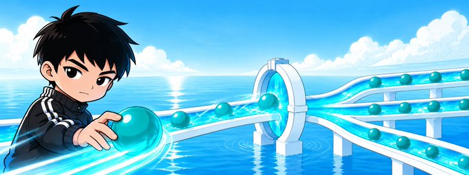 An anime-style illustration of a black-haired boy touching a large glowing green sphere, connected to a futuristic structure with tubes carrying water and more green spheres over a blue ocean.