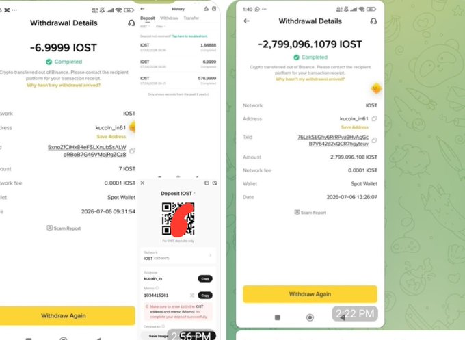 The image shows two withdrawal details screens on a mobile app, displaying a successful small test deposit of -6.9999 IOST to KuCoin and a much larger subsequent loss of -2,799,096.1079 IOST to the same address, illustrating the scammer's tactic of using a legitimate-looking KuCoin deposit address to build trust before stealing a substantially larger amount.