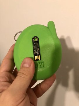 The image shows a person's hand holding up a green plastic object, which appears to be a small electronic device or gadget. The device has a black keychain attached to it with a yellow button. The device seems to have an embedded Opendime containing the classic Pepe asset by @wasthatawolf and is manufactured by @CryptoCloaks.