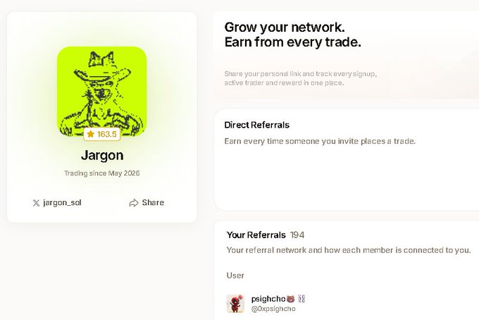 A profile page for a user named "Jargon" on what appears to be a trading platform, showing a fox logo, "Grow your network. Earn from every trade." with 194 referrals.