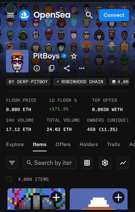 Screenshot of the OpenSea NFT marketplace displaying the 'PitBoys' collection on Robinhood Chain, showing a floor price of 0.089 ETH with a 1D floor change of +171.3% and 4,060 items.
