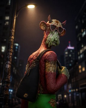 A Mutant Ape Yacht Club (MAYC) NFT character with green skin, sunglasses, and a red hoodie stands under a city streetlight. The image showcases the user's new digital collectible, which they recently claimed from the Bored Ape Yacht Club drop, expressing excitement about eventually rocking the character in real life.