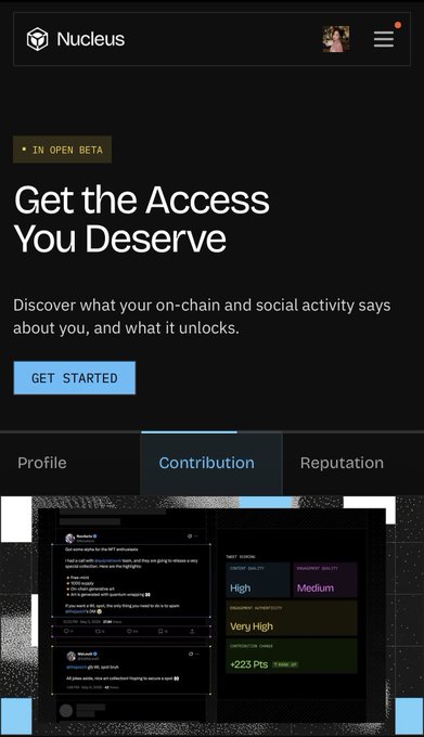 A mobile web page for "Nucleus" app in open beta with the headline "Get the Access You Deserve" and a "GET STARTED" button.