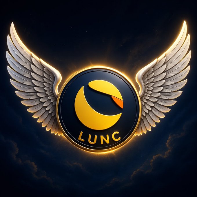 The image features a logo for a cryptocurrency called Lunc, which has a circular design with wings and a sunburst shape. The logo is set against a dark blue background with white clouds. The text "I have dumped my $XPIN, $CREPE and $WKC bag and went all in on $LUNC" is written below the logo, indicating that the person who created this image has invested heavily in Lunc.