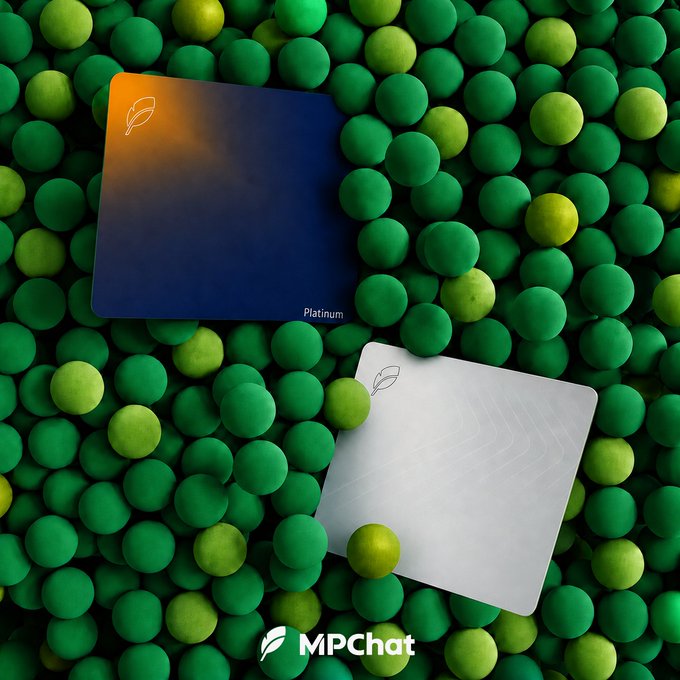 Two MPChat cards labeled "Platinum" are displayed on a bed of green and yellow foam balls. The image visually emphasizes the variety of MPChat card options, aligning with the post's message about choosing the right card tier based on payment needs.