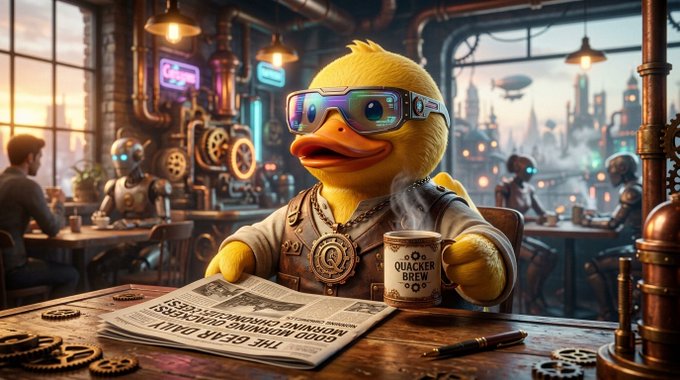 An AI-generated image depicts a yellow duck character wearing futuristic goggles and steampunk-style clothing, sitting at a table with a newspaper and a mug labeled 'QUACKER BREW' in a cyberpunk setting.