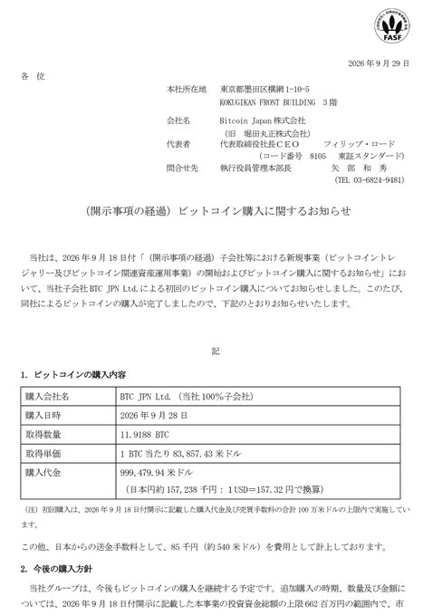A Japanese corporate announcement document from 'Bitcoin Japan株式会社' (BTC JPN Ltd.) dated September 29, 2026, detailing the purchase of 11.9188 BTC at a price of 83,857.43 USD per coin.
