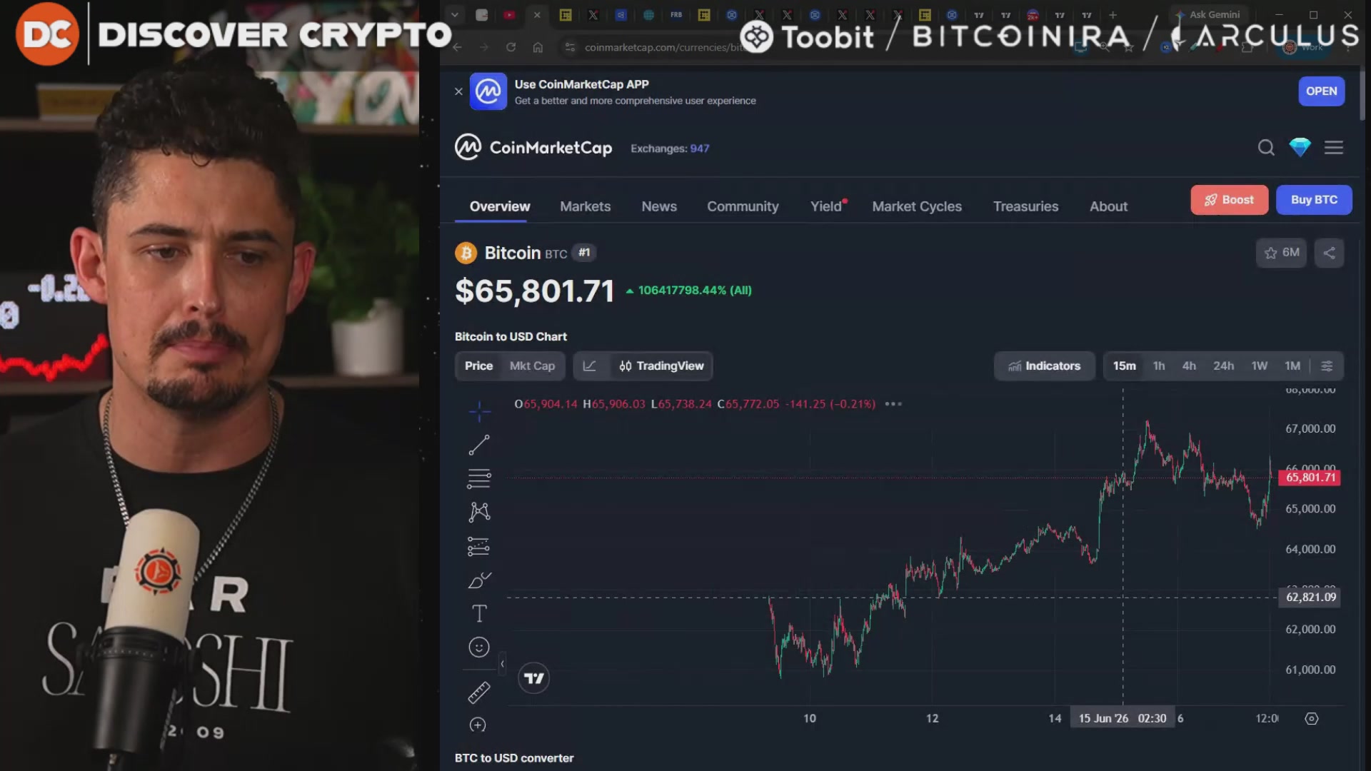The image shows a man talking about the potential of Bitcoin and its connection to an upcoming market rally, as indicated by one of three signals that are listed. The first signal is the $51.80 Bitcoin price, suggesting a possible rise in value for Bitcoins. Another signal indicates that the bitcoin mining hashrate has reached a new high, which can also contribute to an increase in cryptocurrency values due to increased mining power and difficulty. Finally, the third signal is the surge of social media users who are talking about Bitcoin. These signals collectively imply that there might be a massive Bitcoin rally happening soon as indicated by the man's words.