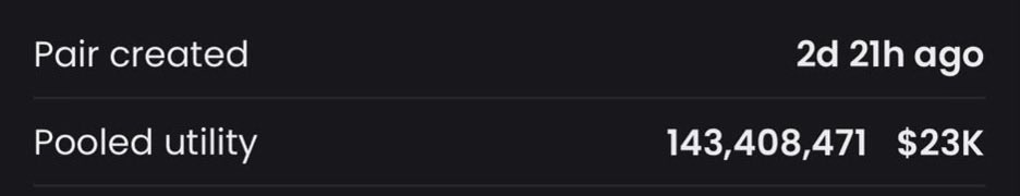 The image displays a liquidity pool dashboard showing "Pair created 2d 21h ago" and "Pooled utility 143,408,471 $23K." This visually supports the post's claim that Fourmeme was deployed first, as the pair is relatively new at less than three days old despite already holding over $23K in pooled utility tokens.
