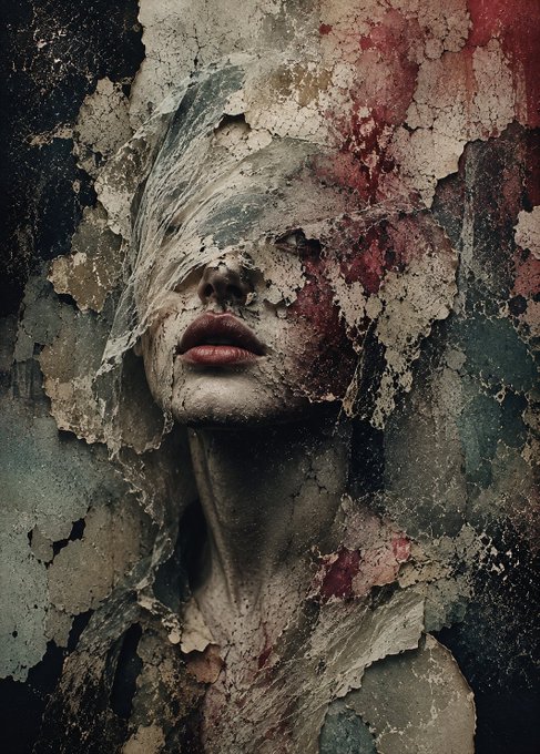 An artistic portrait of a woman with closed eyes and red lips is blended into a weathered, peeling wall texture in muted tones with red accents.