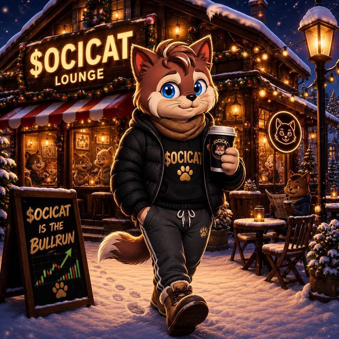 An anthropomorphic cat wearing a "$OCICAT" hoodie holds a branded coffee cup outside a cozy, snow-covered lounge featuring a chalkboard reading "$OCICAT IS THE BULLRUN" alongside a rising chart—visually reinforcing the post's call to engage with the $OCICAT community (CA: 0xE53D384Cf33294C1882227ae4f90D64cF2a5dB70) and bring bullish energy to the timeline.