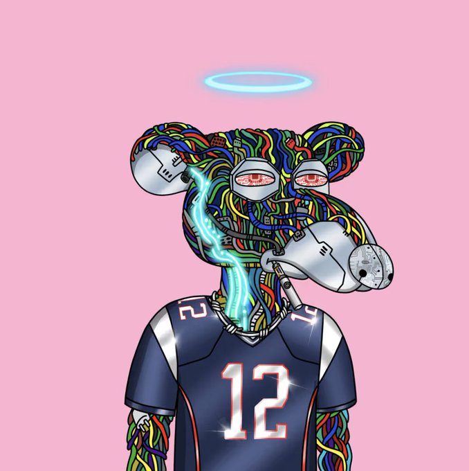 A surreal digital illustration of a cybernetic figure wearing a Patriots #12 (Tom Brady) jersey, with exposed multicolored wires and machinery forming the head, topped with a glowing blue halo against a pink background.
