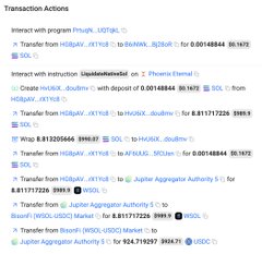 A screenshot showing a list of blockchain transaction actions involving assets like HUSD, USDC, SOL, and ETH, with wallet addresses visible.