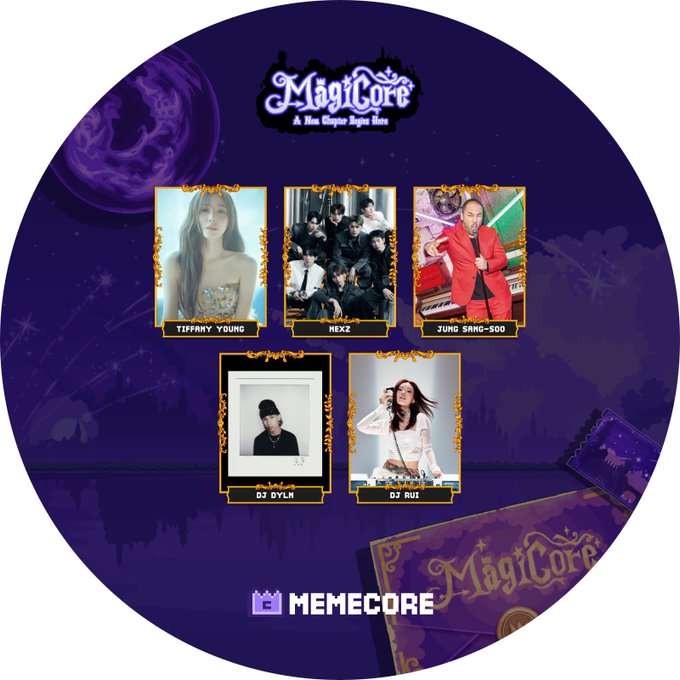 A promotional circular graphic for 'MagiCore: As New Super Ages Here' featuring photos of Tiffany Young, Nexz, Jung Sang-Soo, DJ Dyln, and DJ Rui, with the 'MemeCore' logo at the bottom.