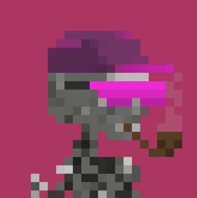 A heavily pixelated image showing a gray character with pink hair, brown ears, and a red bow against a solid pink background.
