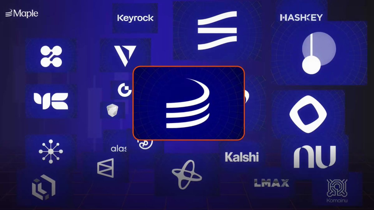 The image features a large blue logo with white stripes, surrounded by smaller logos of various companies such as Maple, Keyrock, and LMAX. The logo is positioned centrally within the frame, drawing attention to itself while still being part of the larger collection of company logos surrounding it.