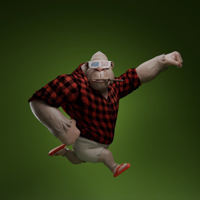 A 3D-rendered cartoon character of an overweight, bearded man wearing 3D glasses and a red-and-black flannel shirt is captured in a dynamic mid-action pose against a green background.