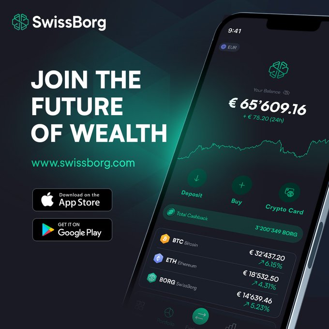 A SwissBorg advertisement showing a smartphone displaying crypto balances (€65,609.16) with prices for BTC, ETH, and BORG, alongside the tagline 'JOIN THE FUTURE OF WEALTH' and app download links.