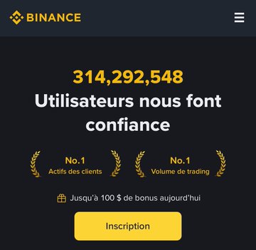 A website for Binance, a cryptocurrency exchange platform, features a black background with white text and gold accents.