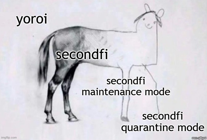 A meme using a sketch of a horse split between a realistic drawing and a simple stick-figure drawing, with labels 'yoroi', 'secondfi', 'secondfi maintenance mode', and 'secondfi quarantine mode'.