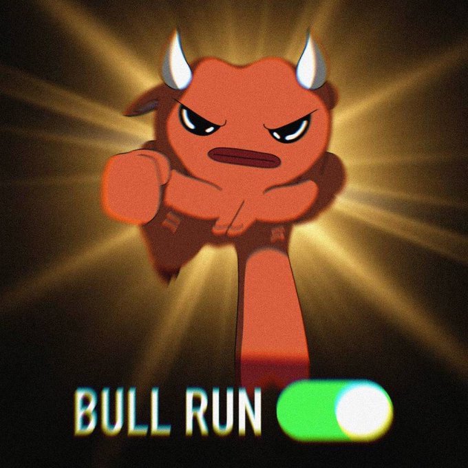 Animated red devil character with horns in a fighting pose against a glowing background with 'BULL RUN' text and a toggle switch.