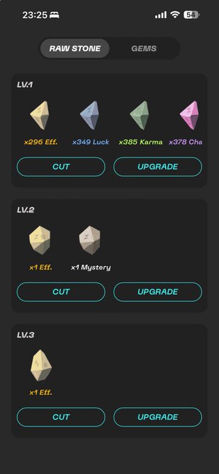 The image shows an open phone screen displaying a list of different colored gemstones or crystals. The screen also has a menu bar with various options such as "Cut", "Upgrade", and "Llg" (Large Stone). There is a small amount of text on the screen, which seems to be related to the gemstone selection process.
