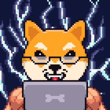 A pixel art illustration of an orange Shiba Inu dog using a laptop, with glowing blue lightning-like energy in the dark background.