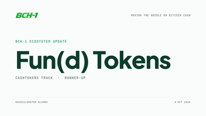 A digital presentation slide features 'BCH-1' branding with the tagline 'MOVING THE NEEDLE ON BITCOIN CASH' and the large title 'Fun(d) Tokens' under 'BCH-1 ECOSYSTEM UPDATE'.
